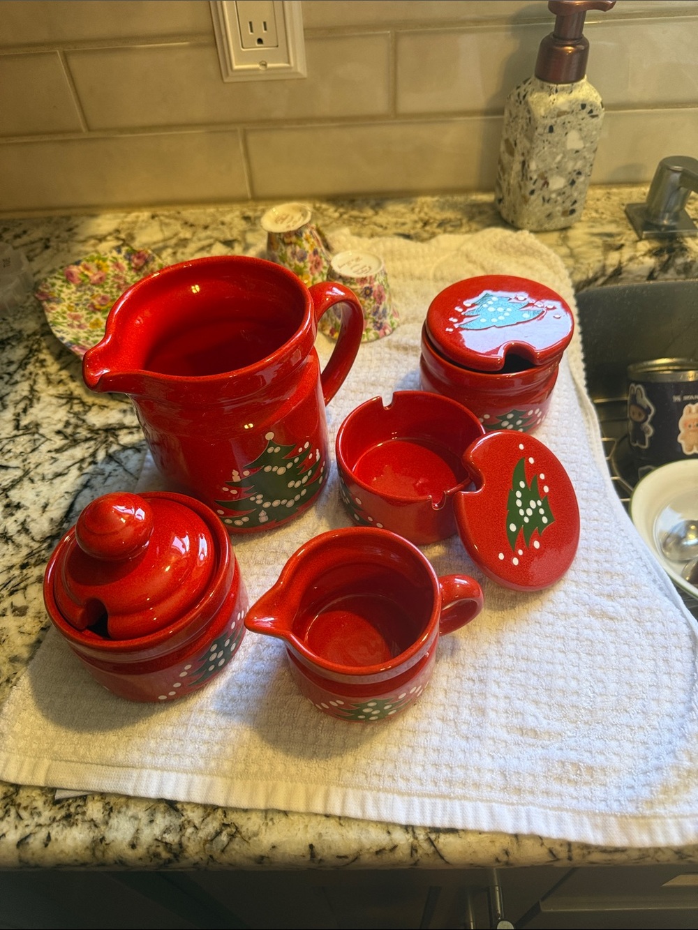 Red Holiday Ceramic Pitcher and Condiment Set with Christmas Tree Motif
